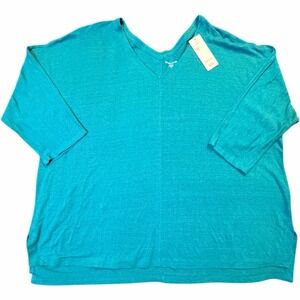 Eileen Fisher Organic Linen Jersey V-Neck Top Turquoise 2X NWT Quiet Luxury